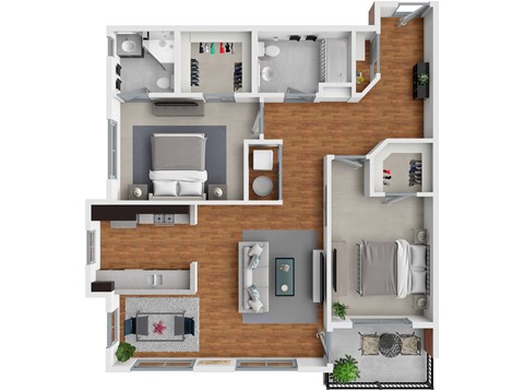 A top-down view of a living room, kitchen, and dining area.
